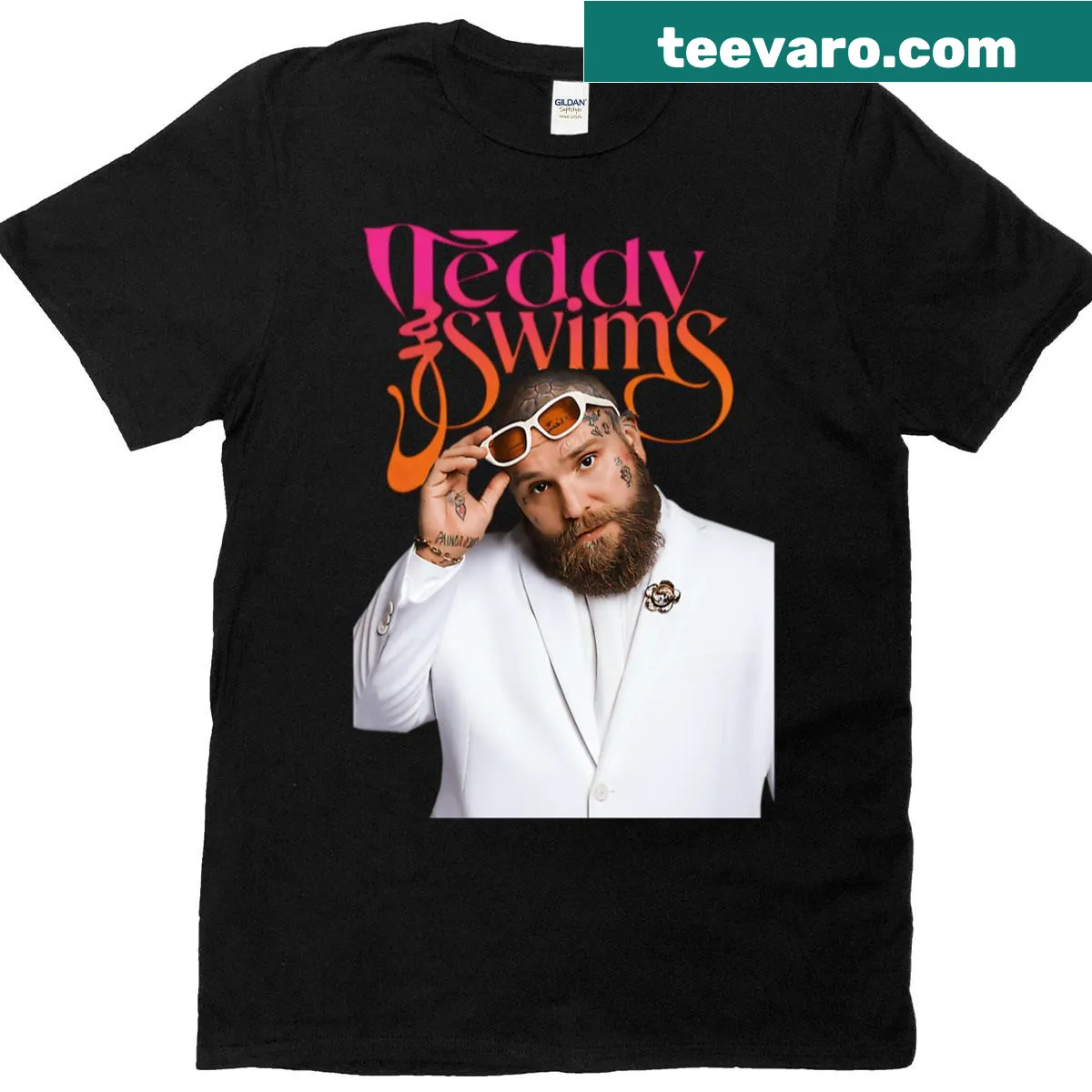 Vintage-style t-shirt with iconic 90s music album logos and singer names. — on a men's t-shirt