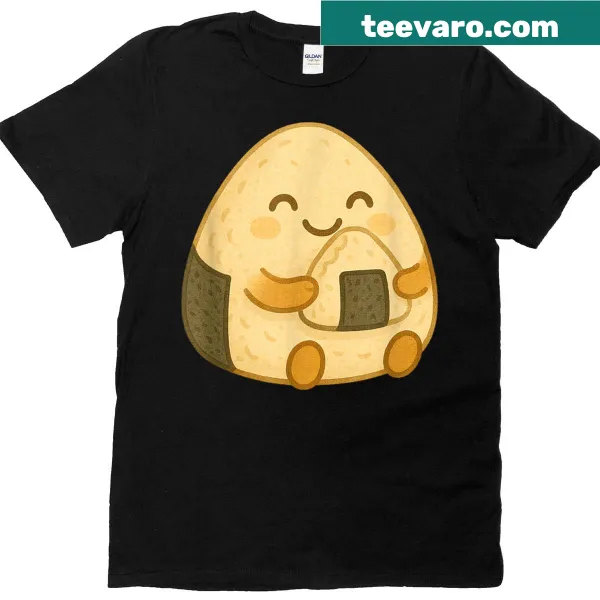 Illustrated rice ball character humorously eating itself on T-shirt