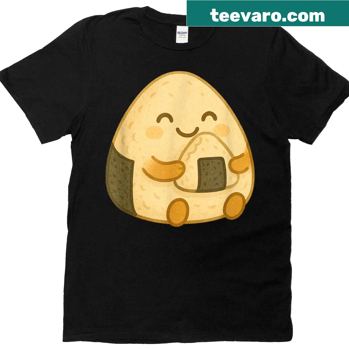 Illustrated rice ball character humorously eating itself on T-shirt — on a men's t-shirt