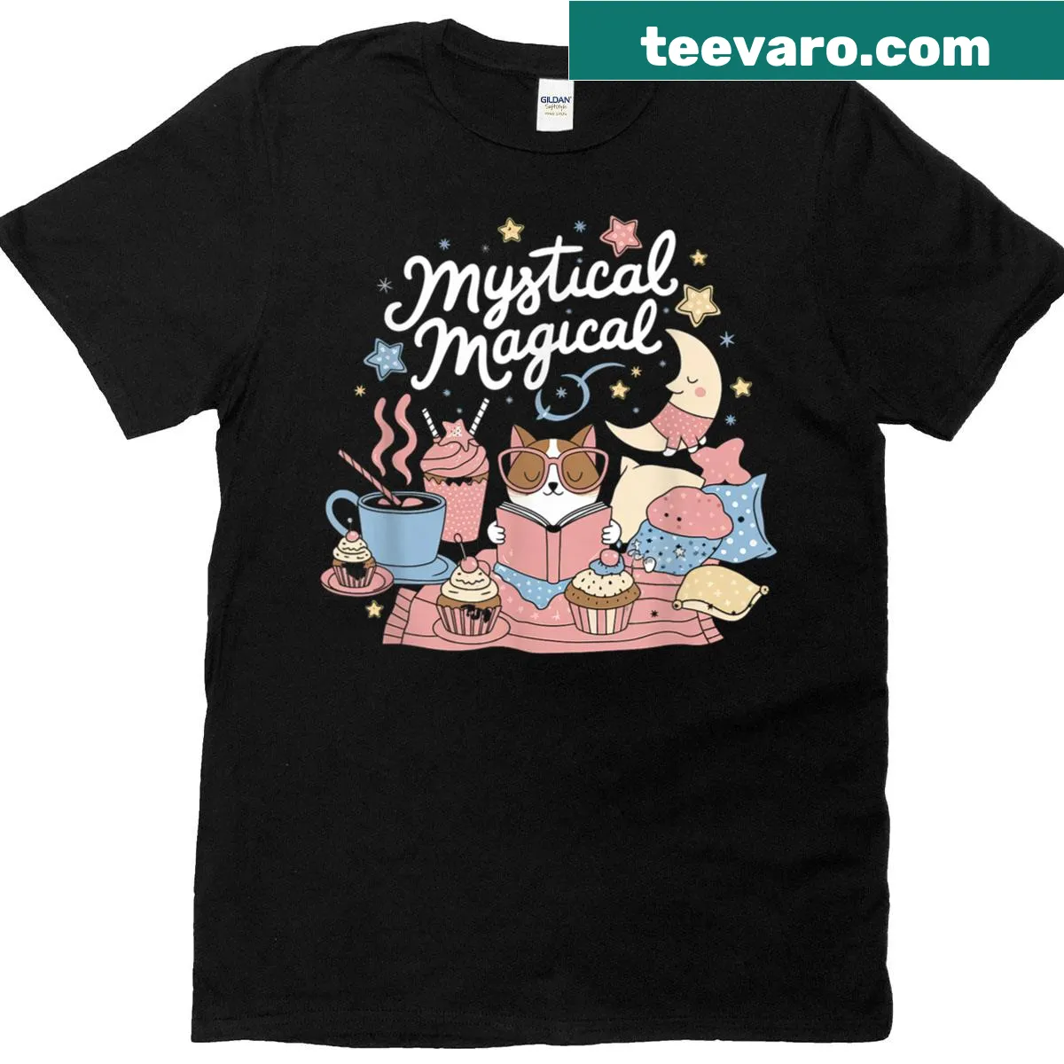 Whimsical illustration of mystical space elements on T-shirt — on a men's t-shirt