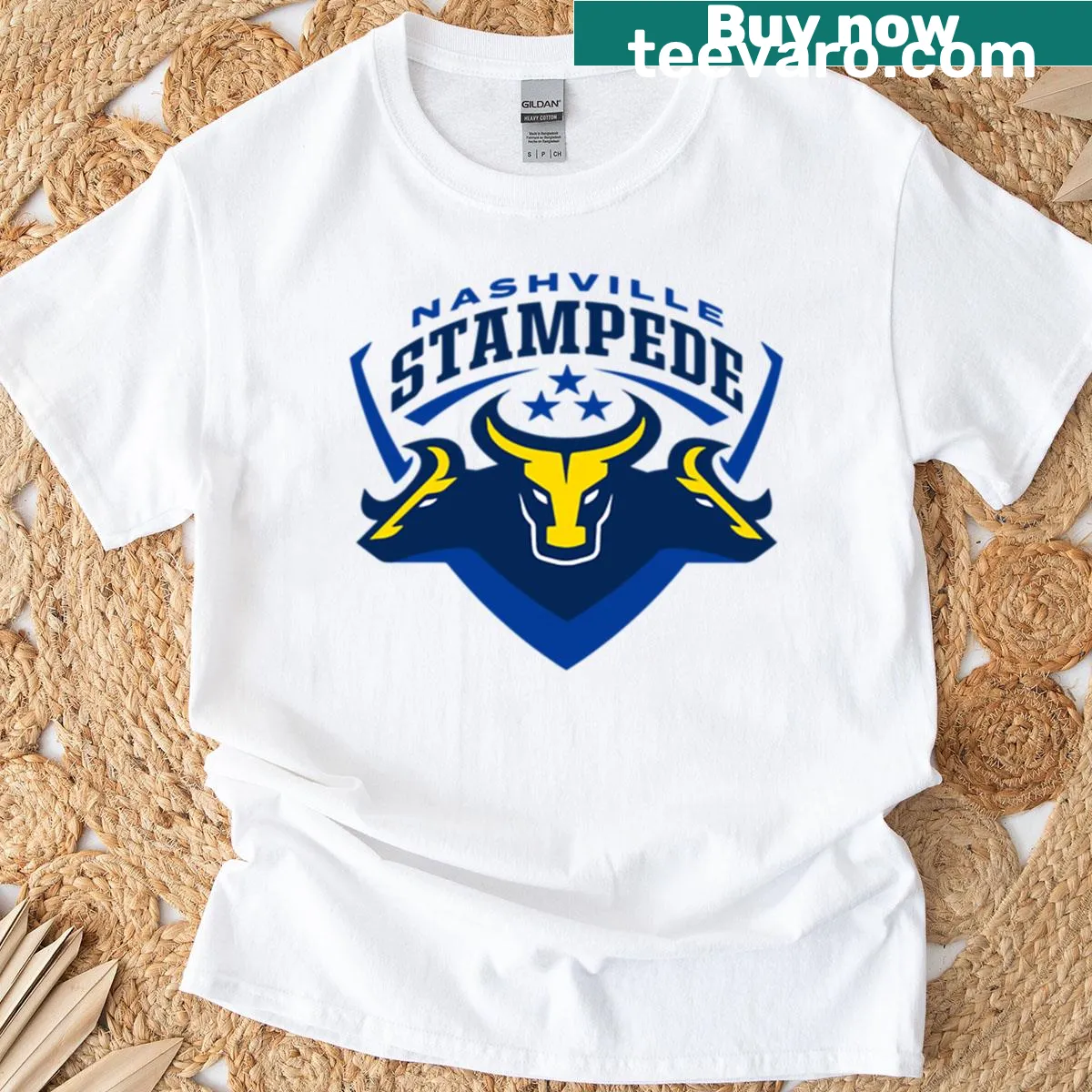 Emblem t-shirt featuring Nashville Stampede design — on a men's t-shirt