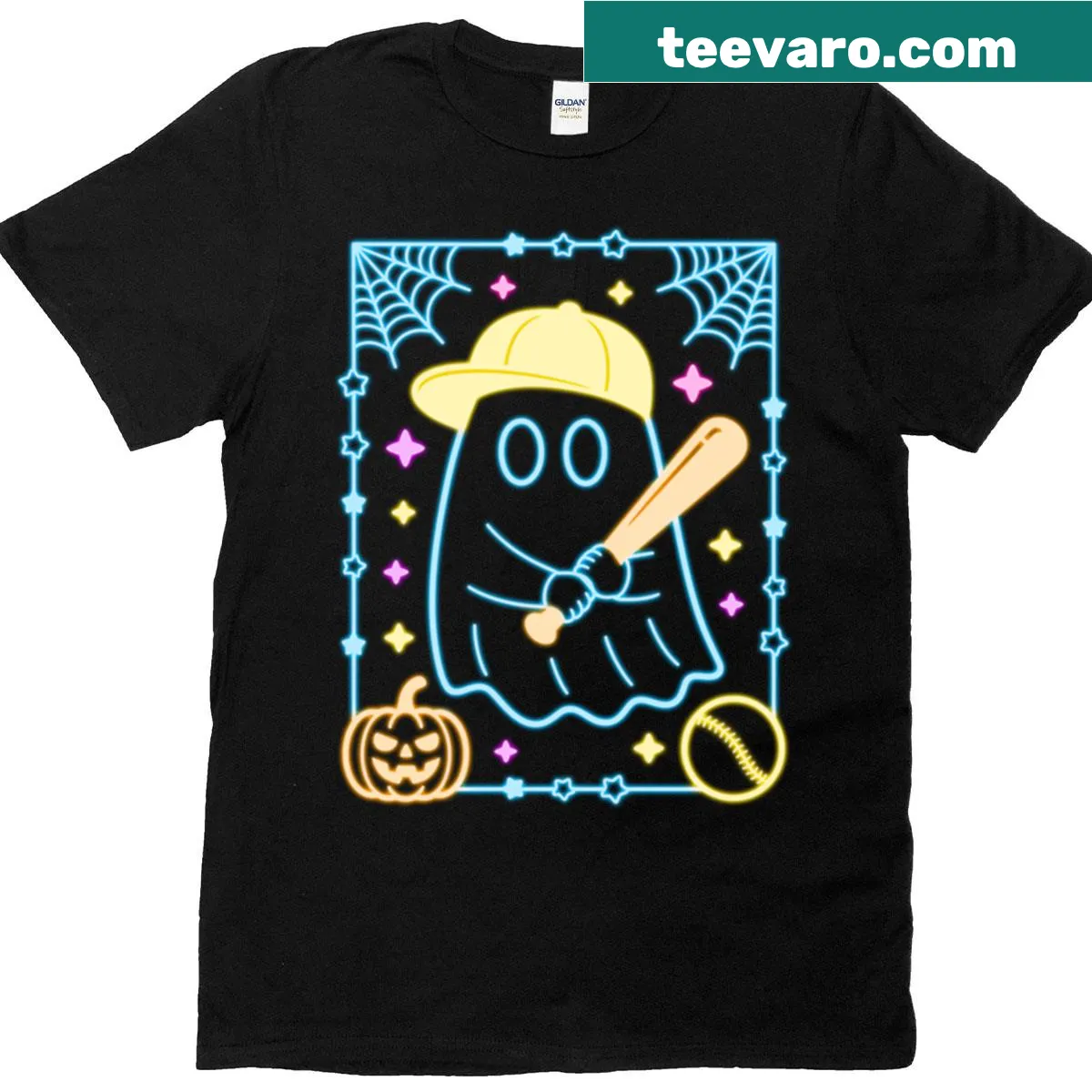 Cartoon-style Halloween T-shirt featuring a ghost playing baseball — on a men's t-shirt