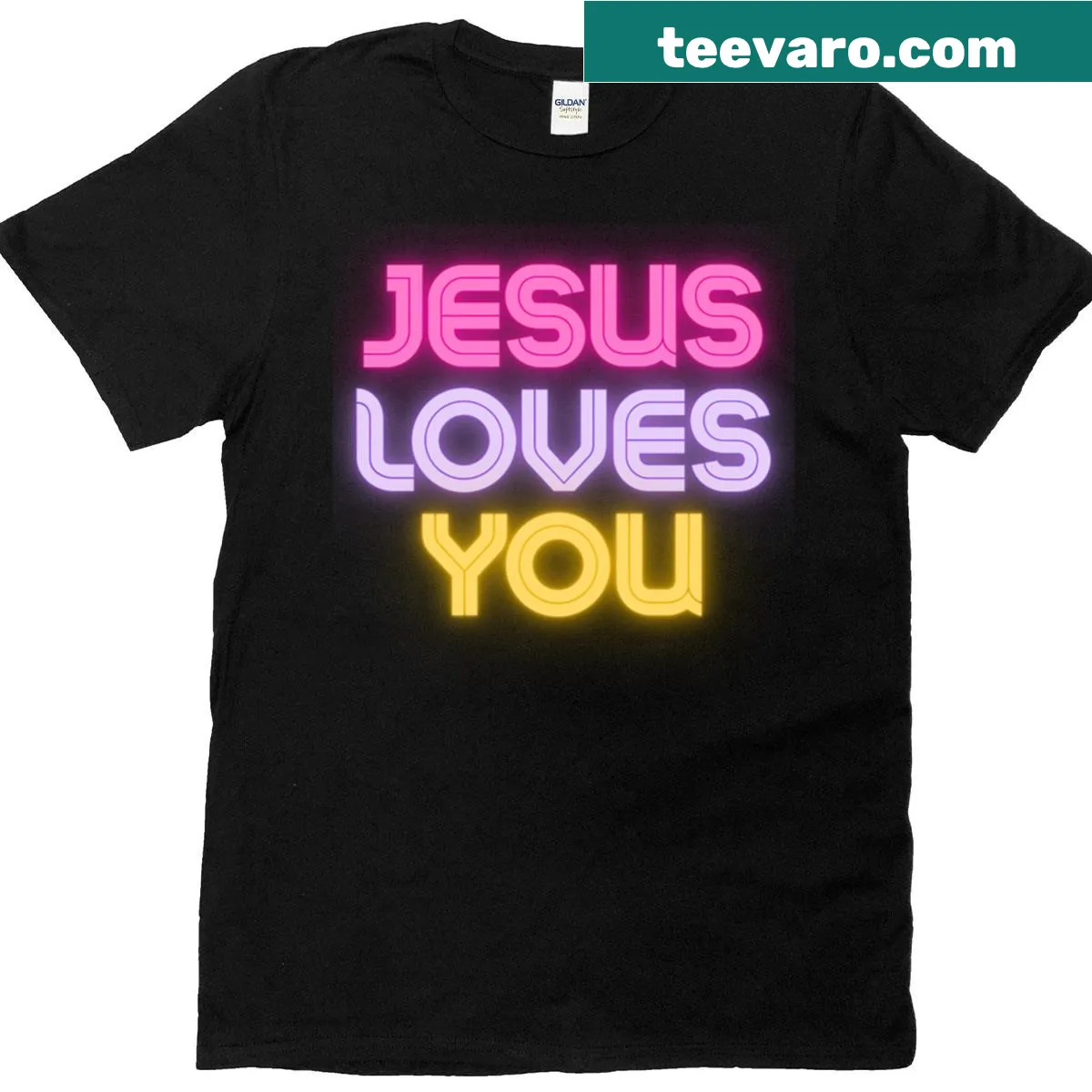 Uplifting T-shirt featuring 'Jesus Loves You' in bright design — on a men's t-shirt