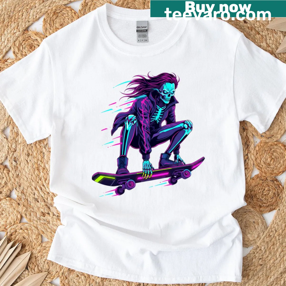 Cyberpunk skeleton skater illustration on a T-shirt. — on a men's t-shirt