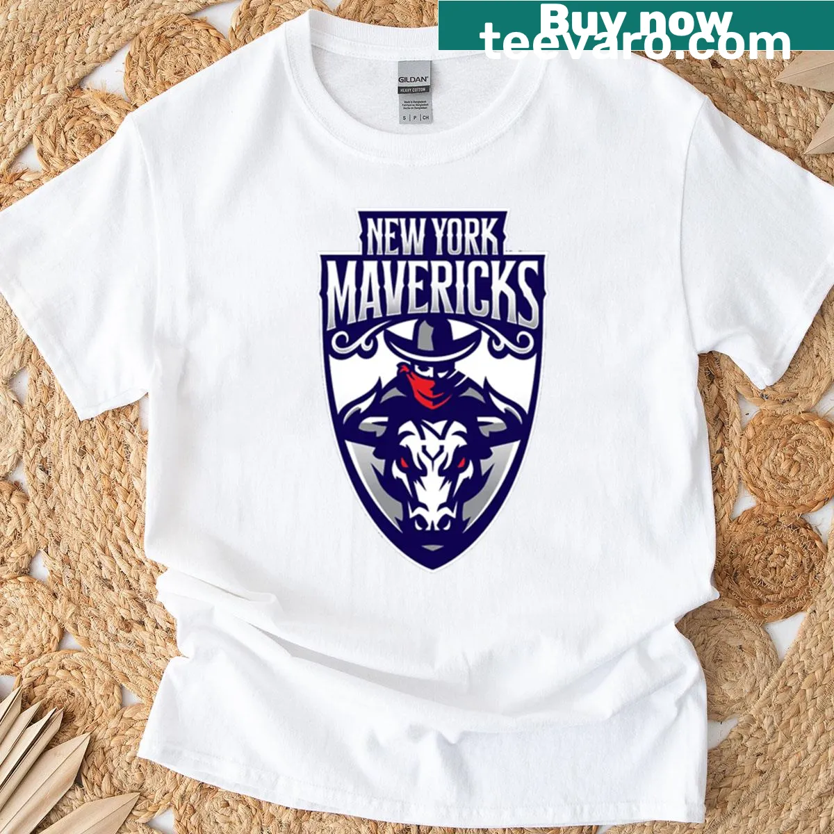 New York Mavericks-themed sports T-shirt — on a men's t-shirt