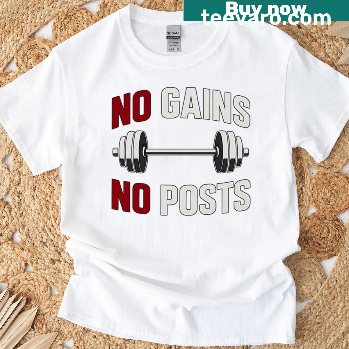Gym motivation shirt with bold 'No Gains No Posts' text — on a men's t-shirt