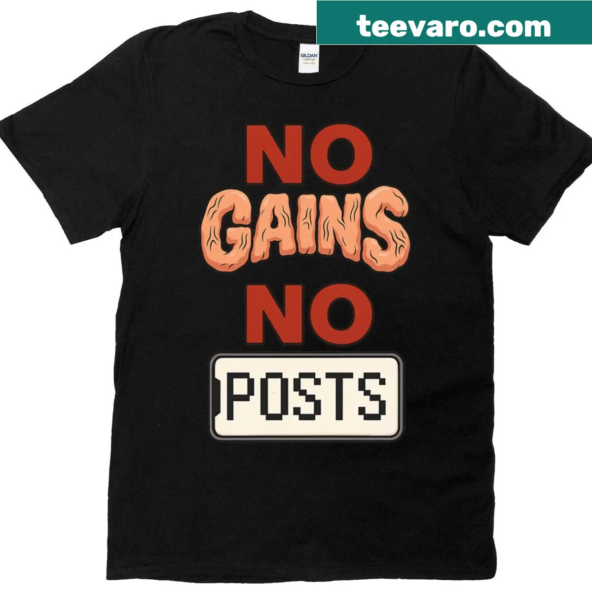 Motivational fitness T-shirt with text 'No Gains No Posts' — on a men's t-shirt