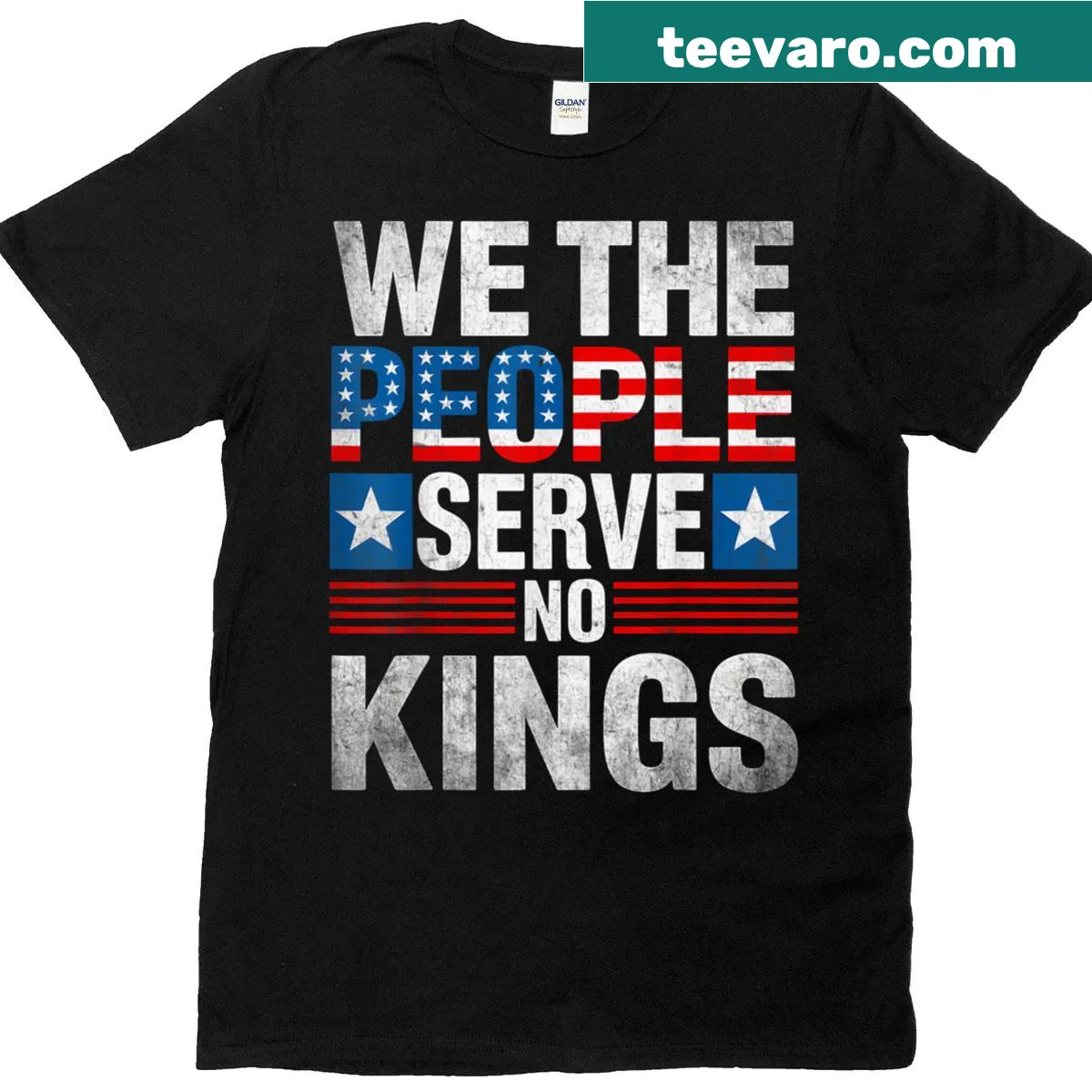Typography T-shirt featuring 'No King' patriotic message — on a men's t-shirt
