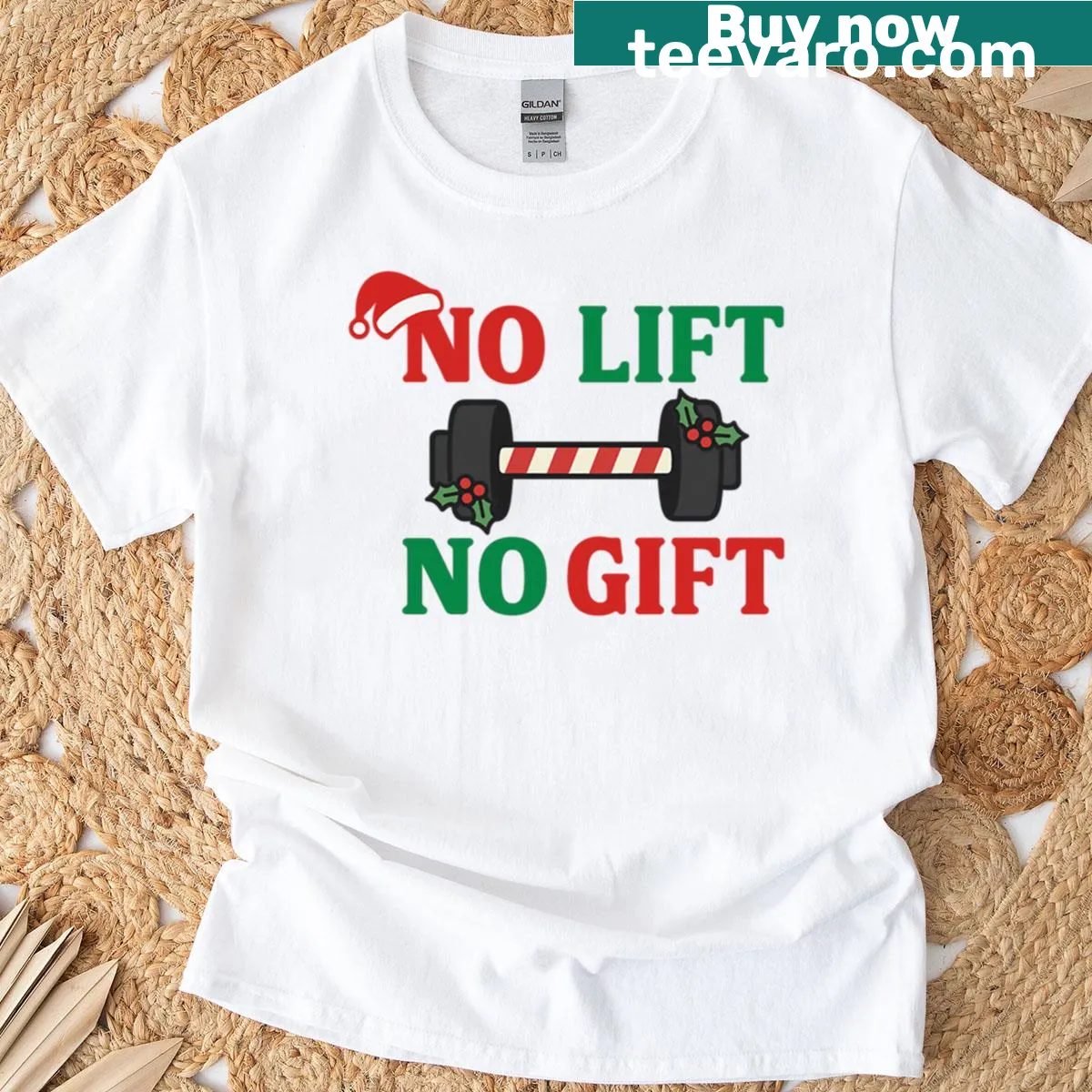 Funny No Lift No Gift gym T-shirt with motivational text — on a men's t-shirt