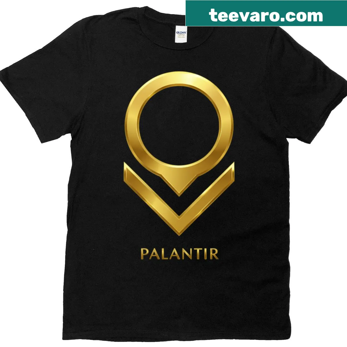 Minimalist T-shirt featuring the gold logo of Palantir Technologies. — on a men's t-shirt