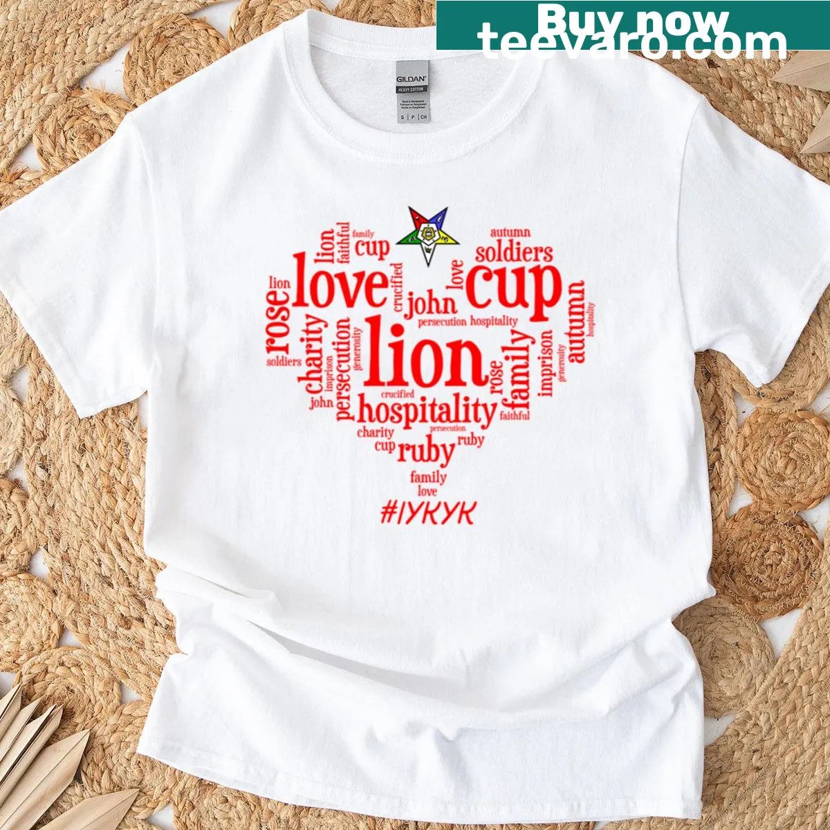 Heart design symbolizing the Order Of Eastern Star on a t-shirt — on a men's t-shirt