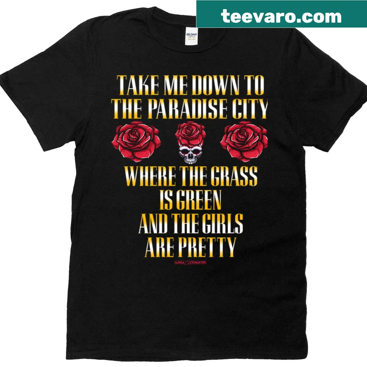 Paradise City t-shirt featuring serene landscape illustration — on a men's t-shirt