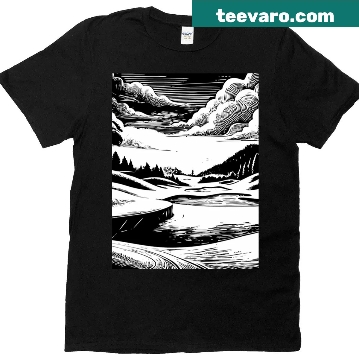 Artistic depiction of people golfing on T-shirt — on a men's t-shirt