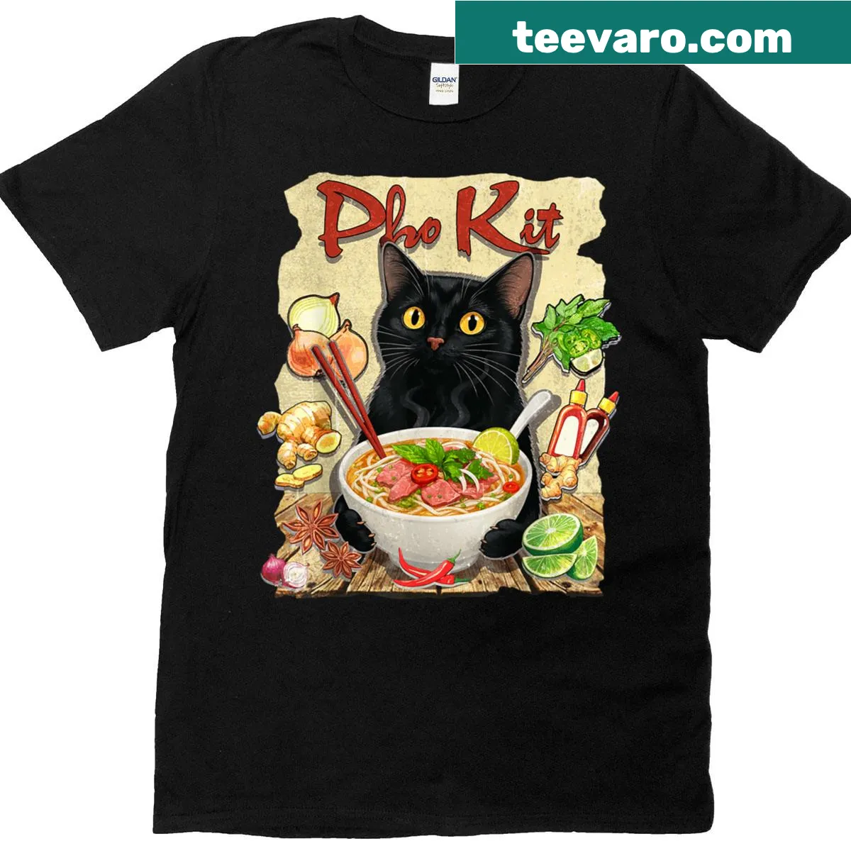 Cartoon t-shirt featuring 'Pho Kit' noodle soup pun artwork — on a men's t-shirt