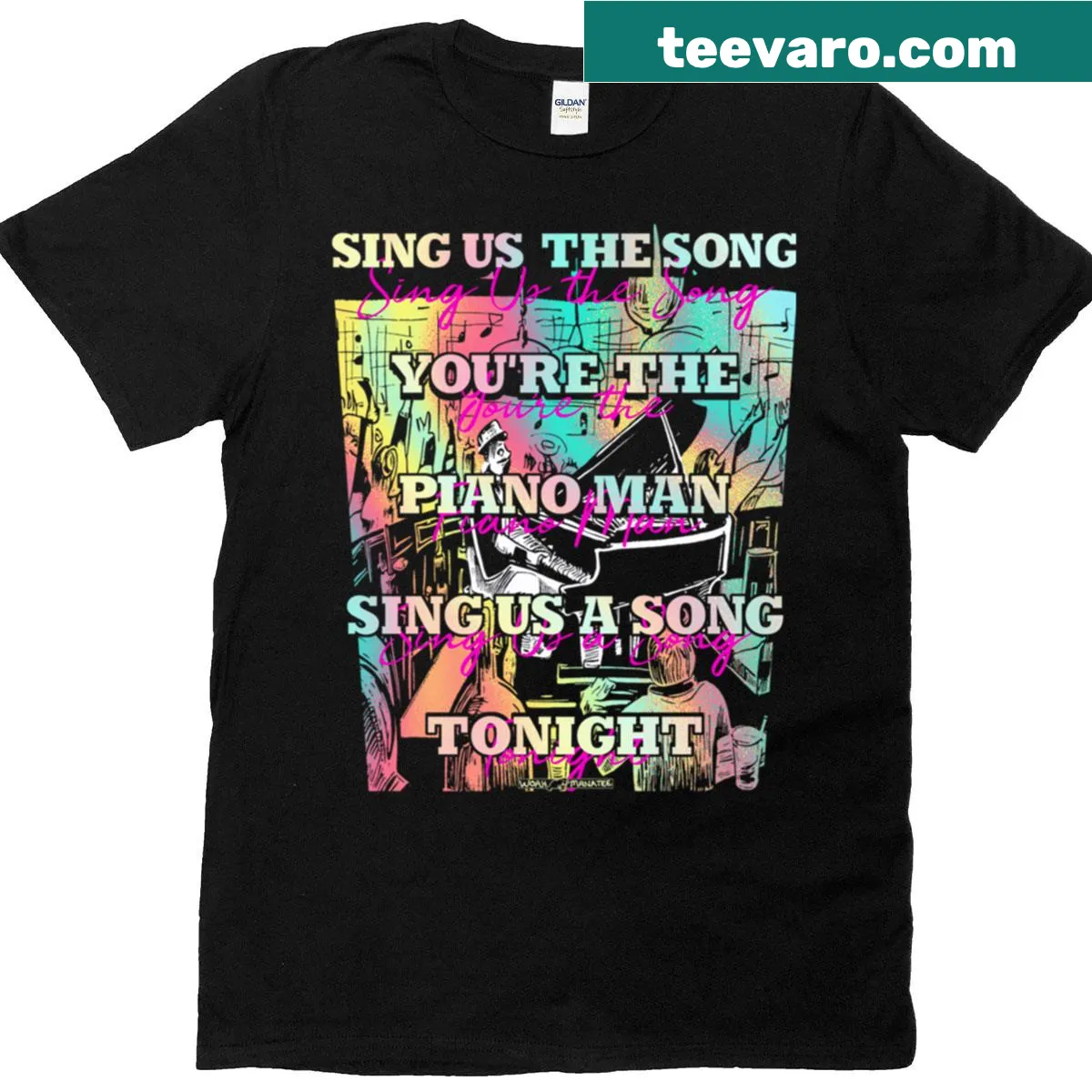 Tribute t-shirt featuring the words 'Piano Man.' — on a men's t-shirt