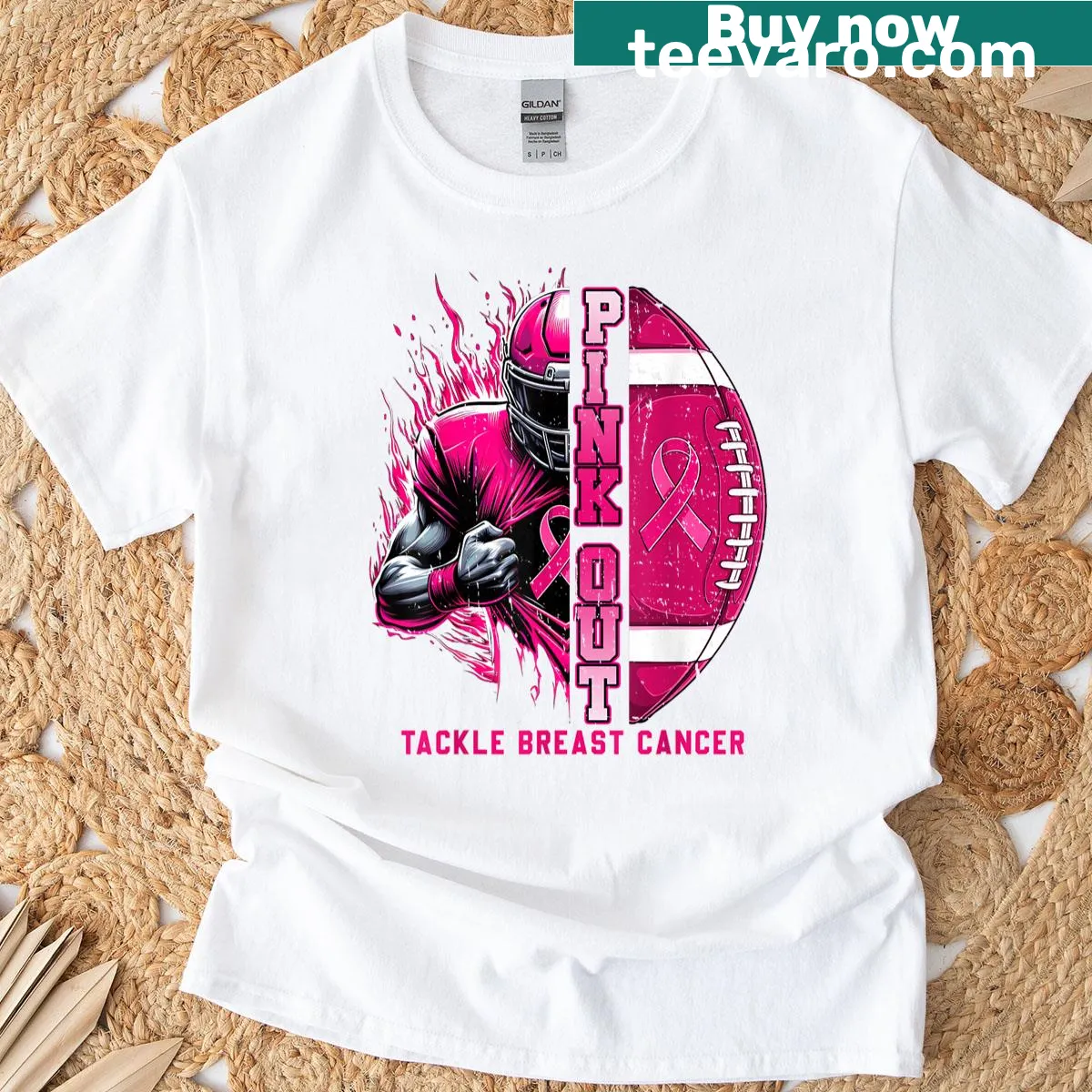 Football-themed T-shirt promoting breast cancer awareness — on a men's t-shirt