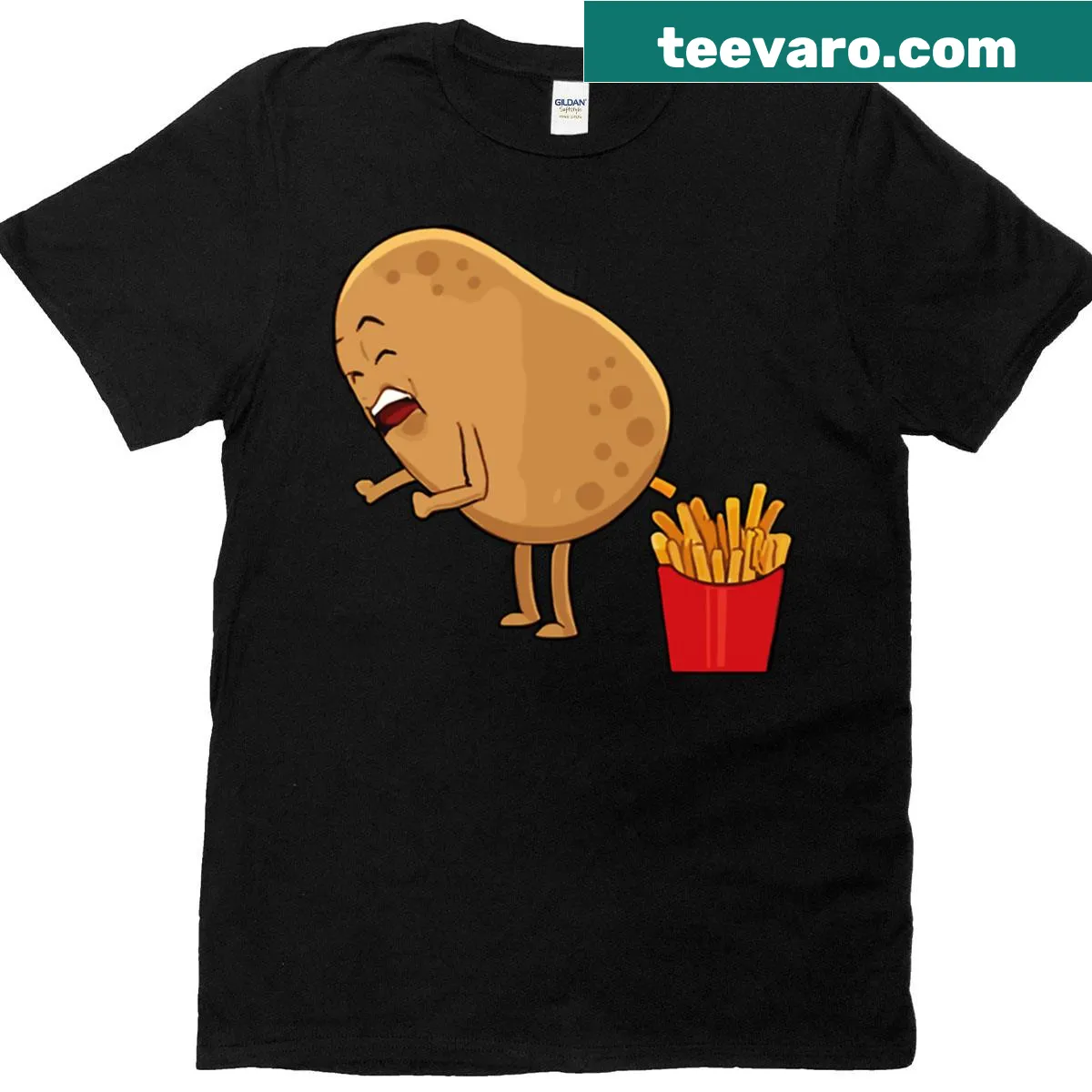 Funny cartoon potato graphic with fries on a t-shirt — on a men's t-shirt