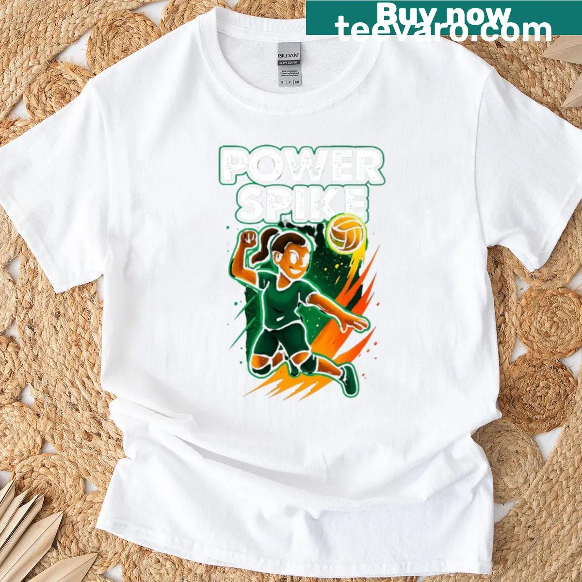 Graffiti-style volleyball T-shirt with dynamic spike art — on a men's t-shirt
