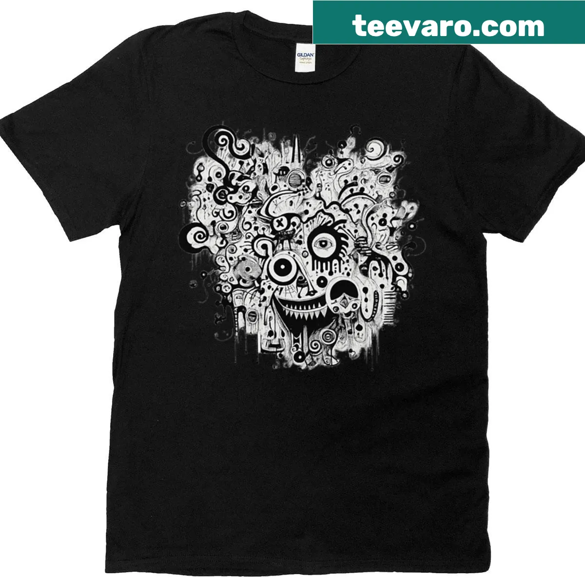 Abstract T-shirt featuring a doodle monster design in black and white — on a men's t-shirt