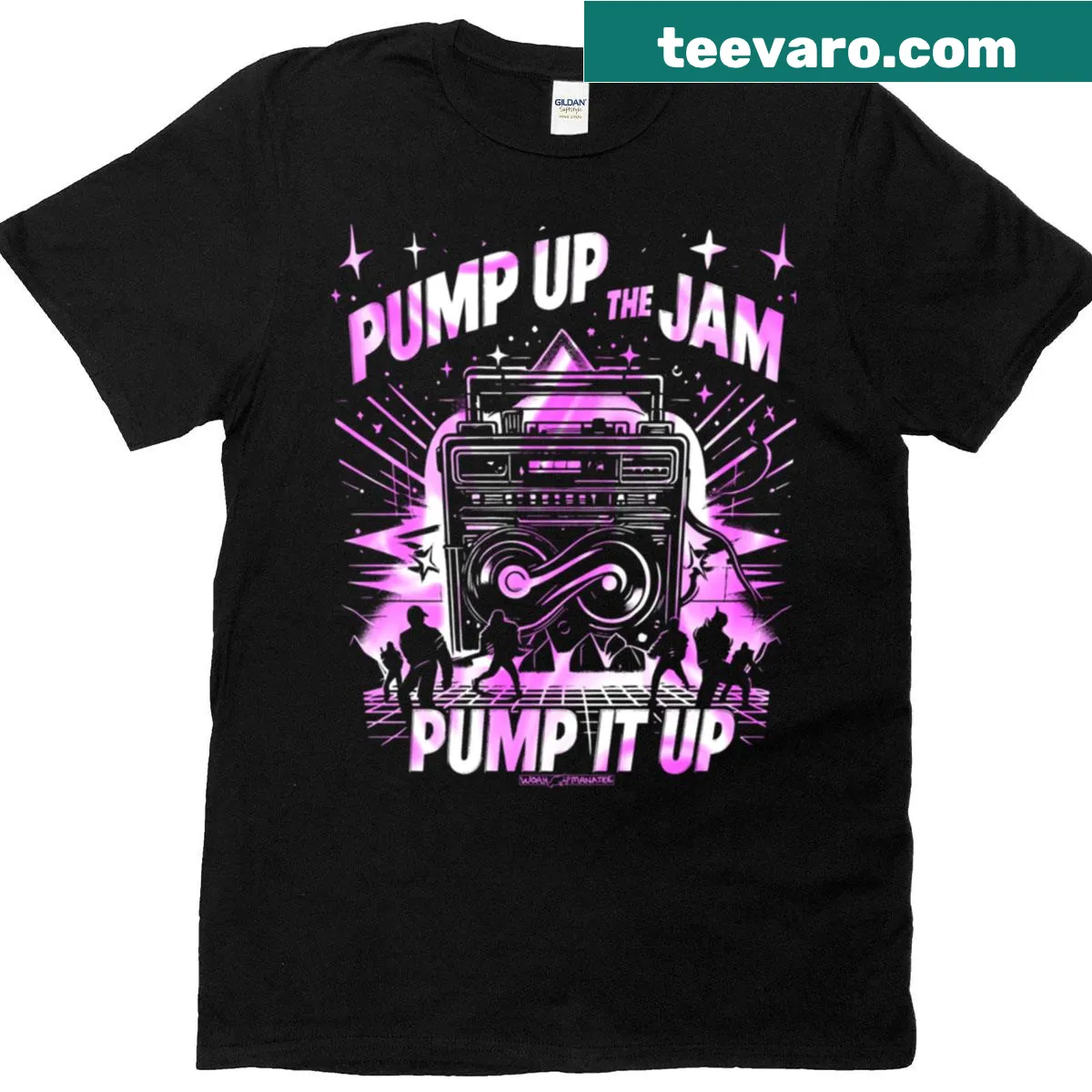 Playful music-themed t-shirt with 'Pump Up The Jam' text — on a men's t-shirt