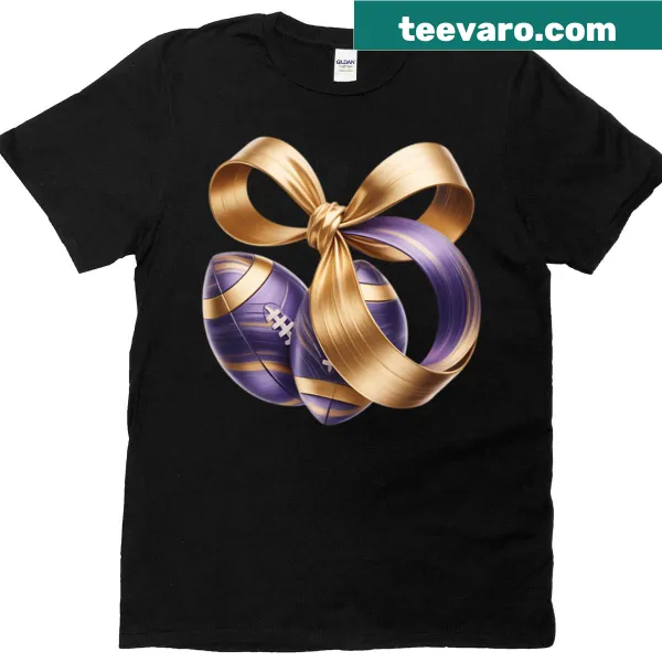 Colorful football-themed T-shirt with coquette bow and motifs for fans.