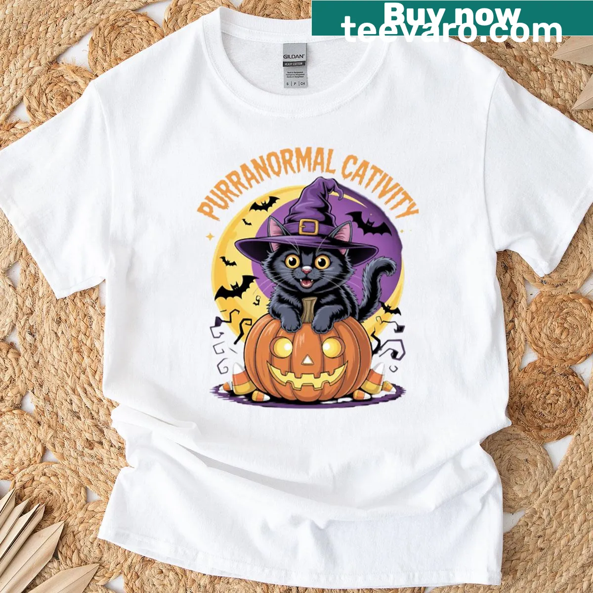 Funny Halloween t-shirt featuring a black cat and witch illustration — on a men's t-shirt