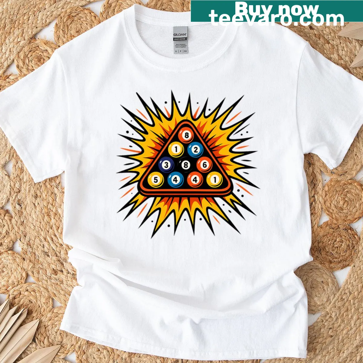 Comic style pool design t-shirt featuring a dynamic explosion graphic — on a men's t-shirt