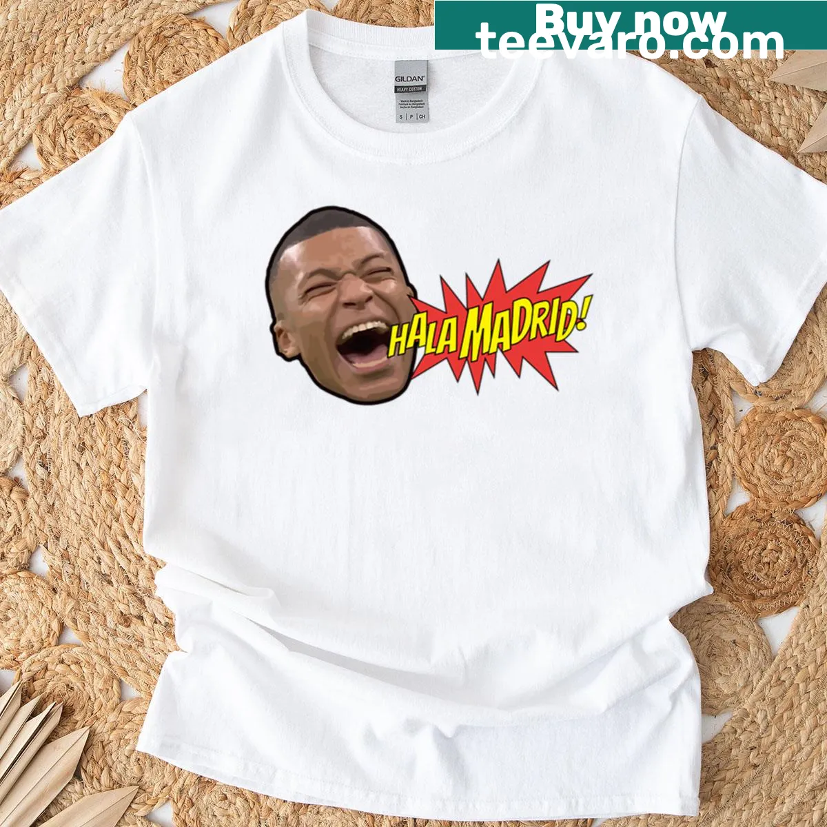 Real Madrid T-shirt featuring Kylian Mbappé illustration — on a men's t-shirt