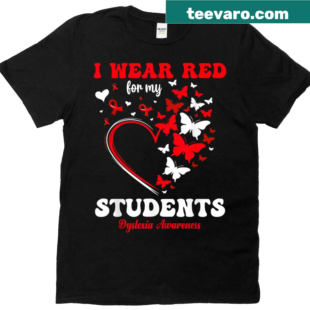 Typography T-shirt with 'I Wear Red For Students' for dyslexia awareness — on a men's t-shirt