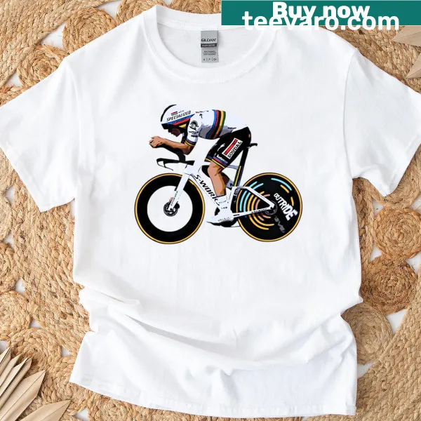 T-shirt featuring Remco Evenepoel's rainbow jersey design for cycling fans
