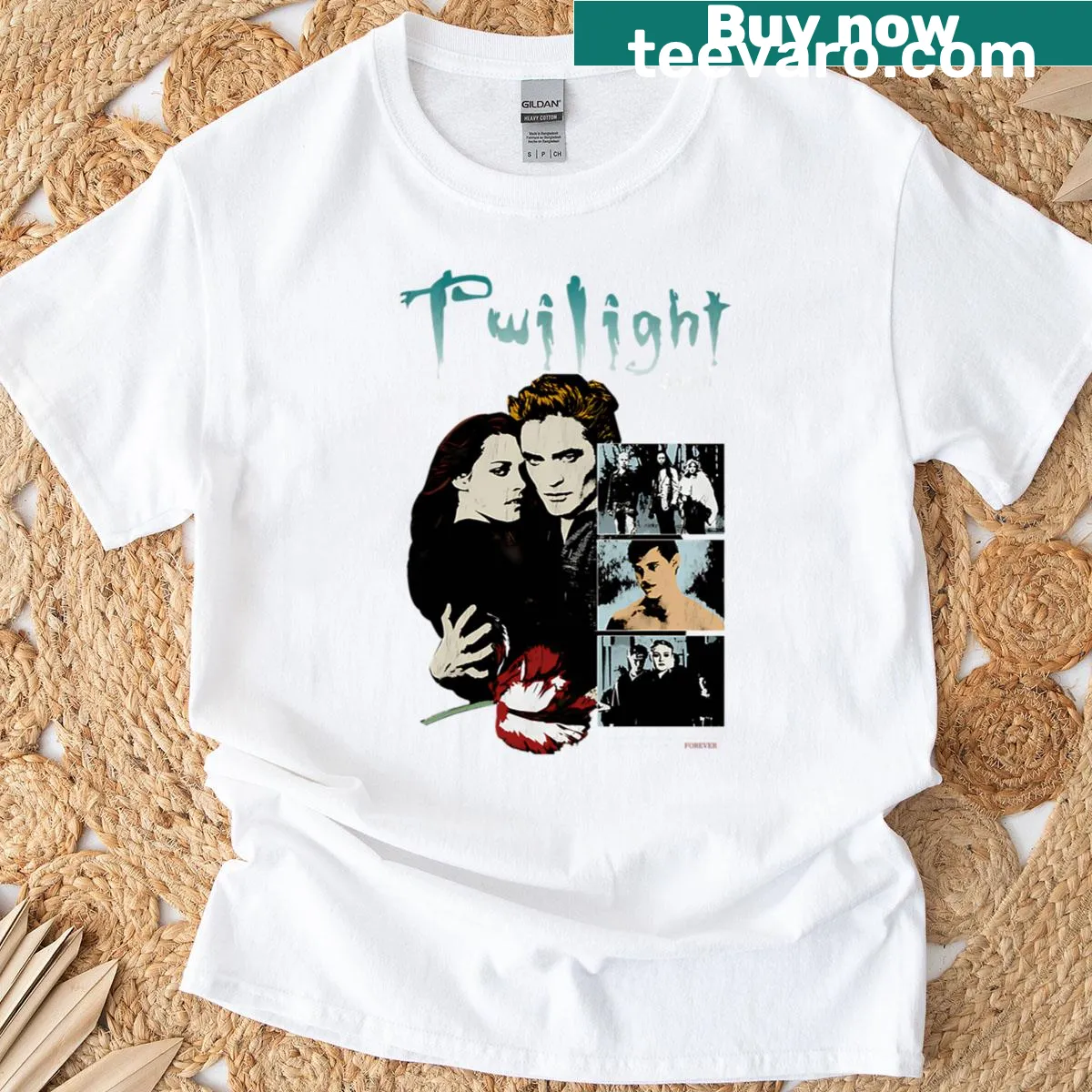 Retro illustration t-shirt featuring wolves, vampires, and romance — on a men's t-shirt