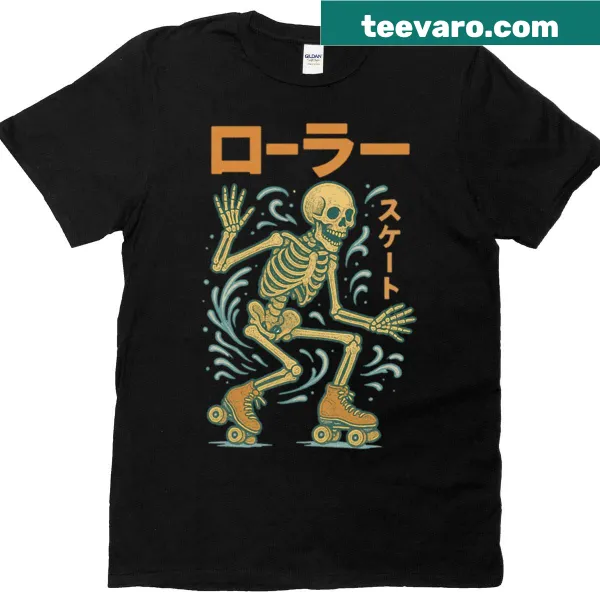 Retro skeleton roller skating graphic on a streetwear T-shirt