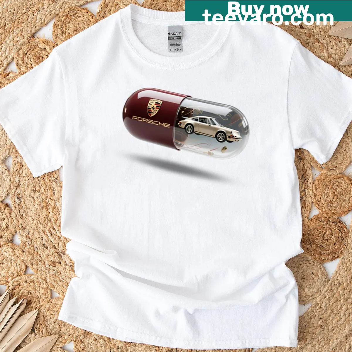 Retro sports car T-shirt with futuristic capsule design — on a men's t-shirt
