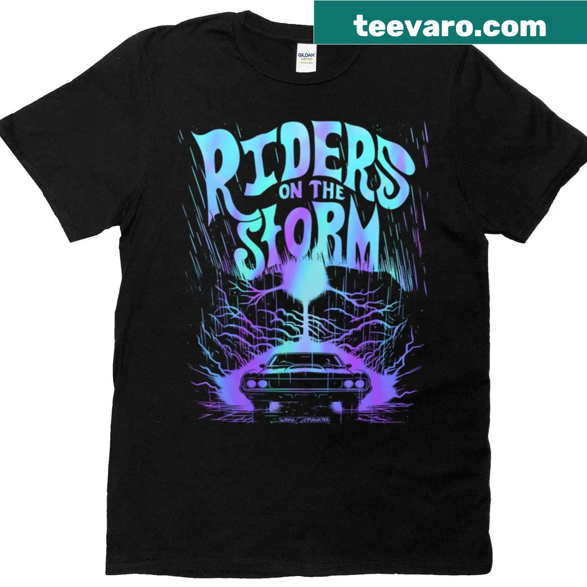 Graphic inspired by 'Riders On The Storm' on a classic music T-shirt — on a men's t-shirt