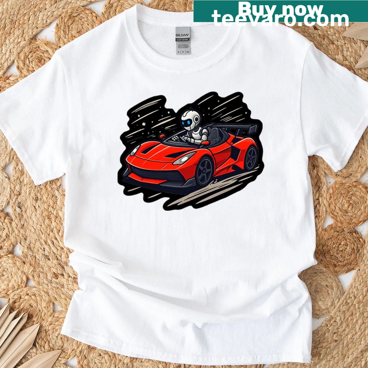 Anime-style robot racing a sports car graphic T-shirt — on a men's t-shirt