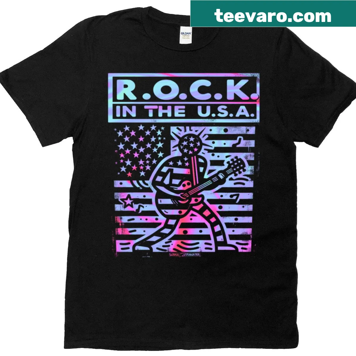 Graphic of 'Rock In The USA' on a music-themed T-shirt — on a men's t-shirt