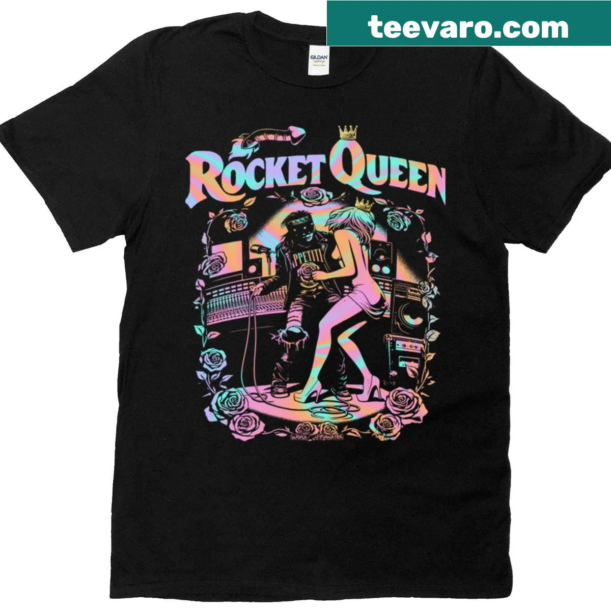 Bold graphic design inspired by rock music and space on a t-shirt — on a men's t-shirt