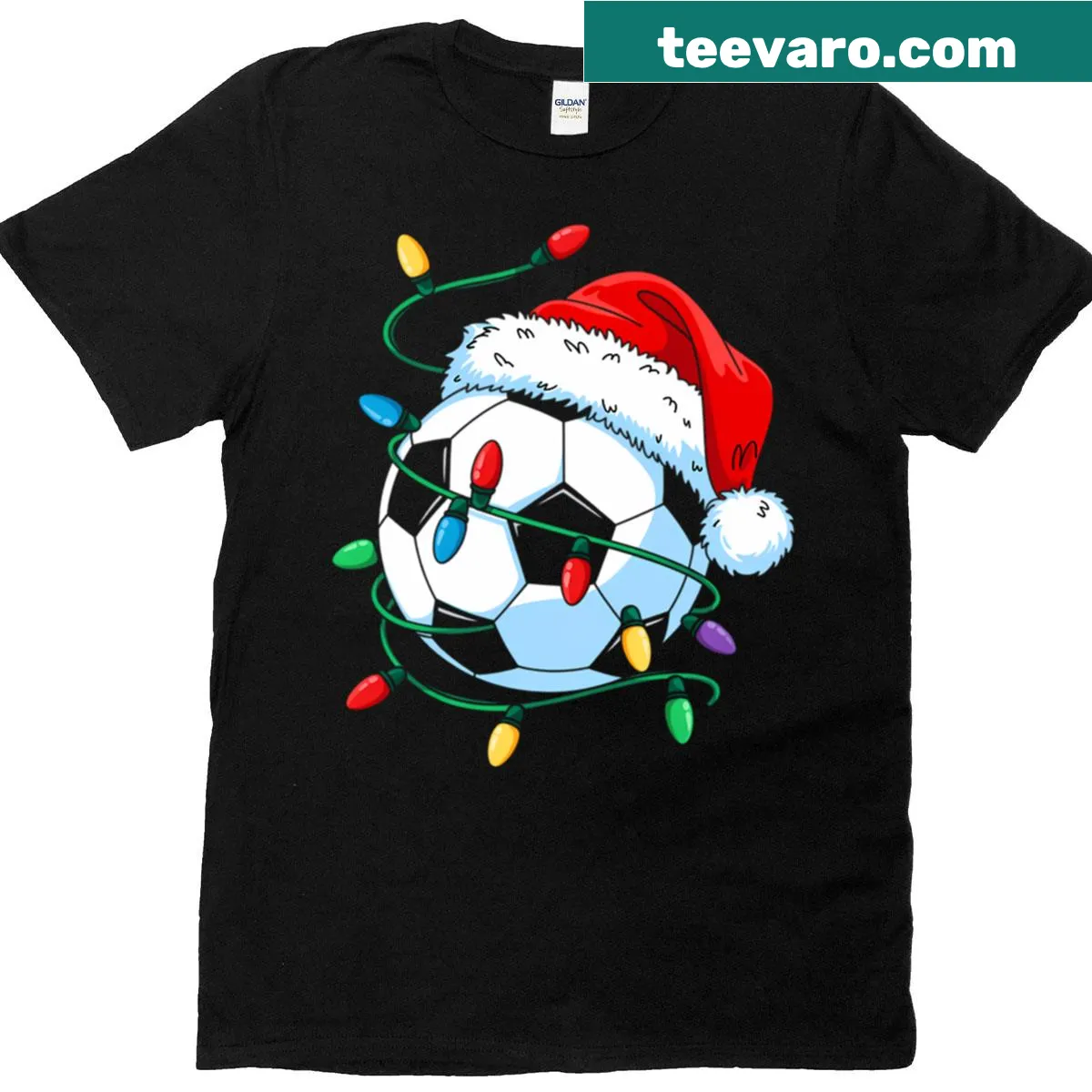 Santa in a soccer pose with a festive design for soccer lovers — on a men's t-shirt