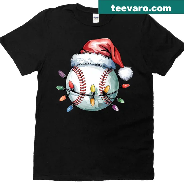 Santa in baseball gear graphic on a Christmas T-shirt
