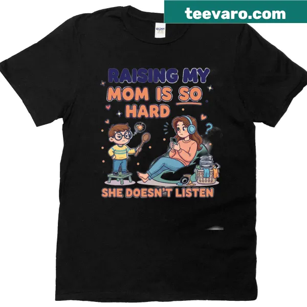 Funny phrase 'Screaming Baby Mom Never Listens' on a mom T-shirt.