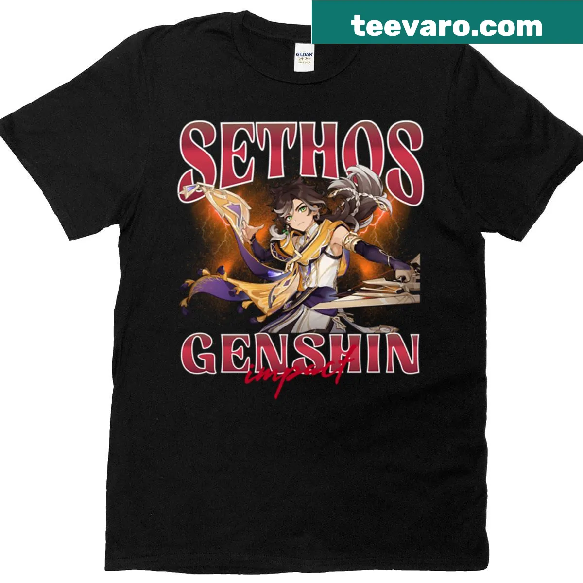 Sethos character graphic T-shirt from Genshin Impact — on a men's t-shirt