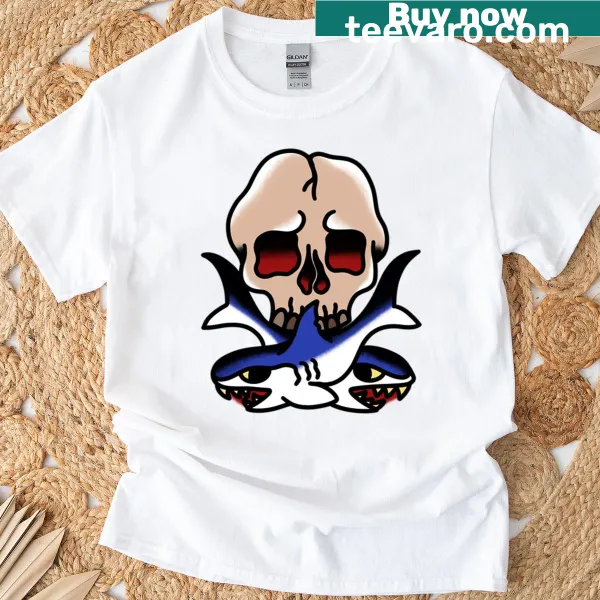 Tattoo flash t-shirt featuring sharks and skull design