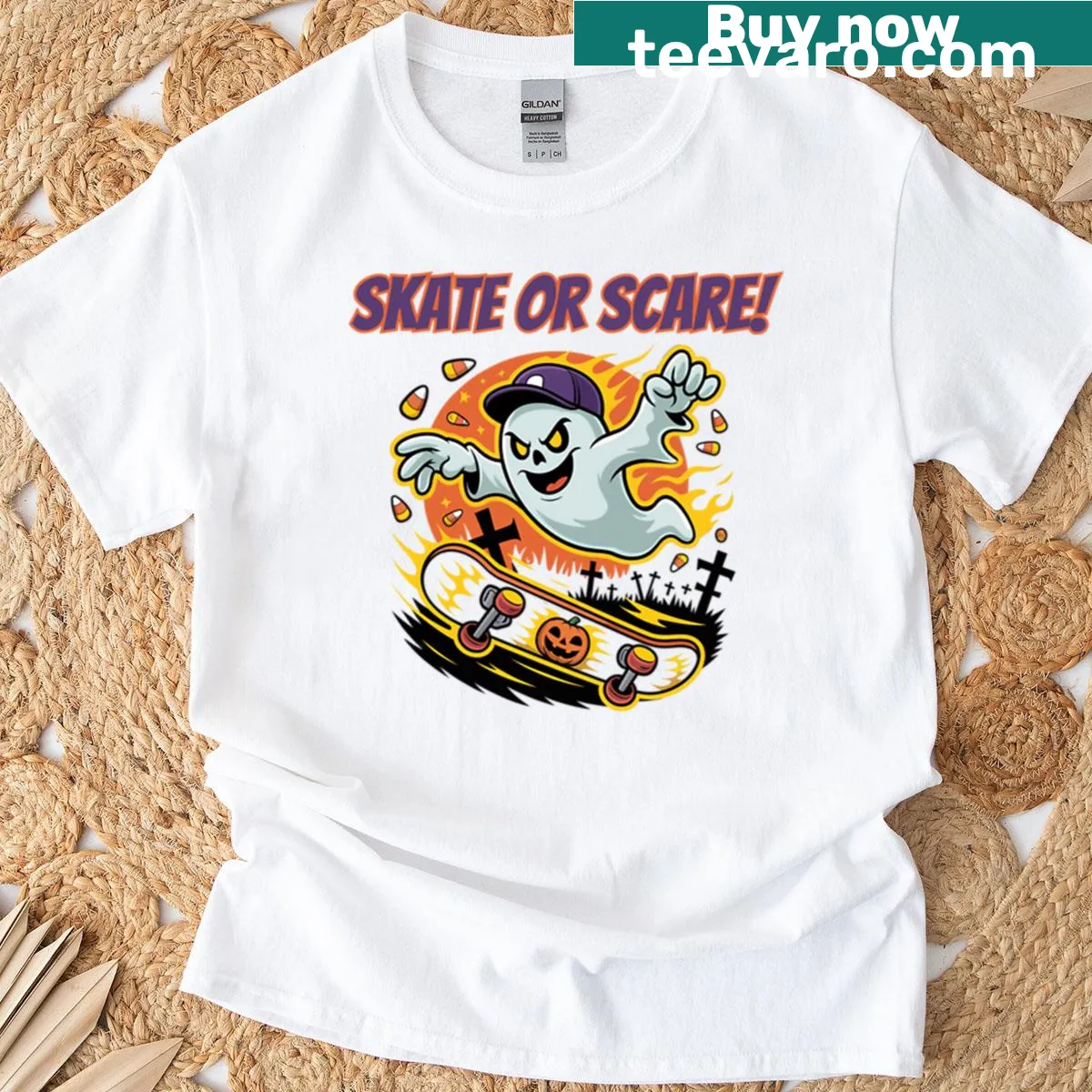 Illustration of a ghost on a skateboard for Halloween — on a men's t-shirt