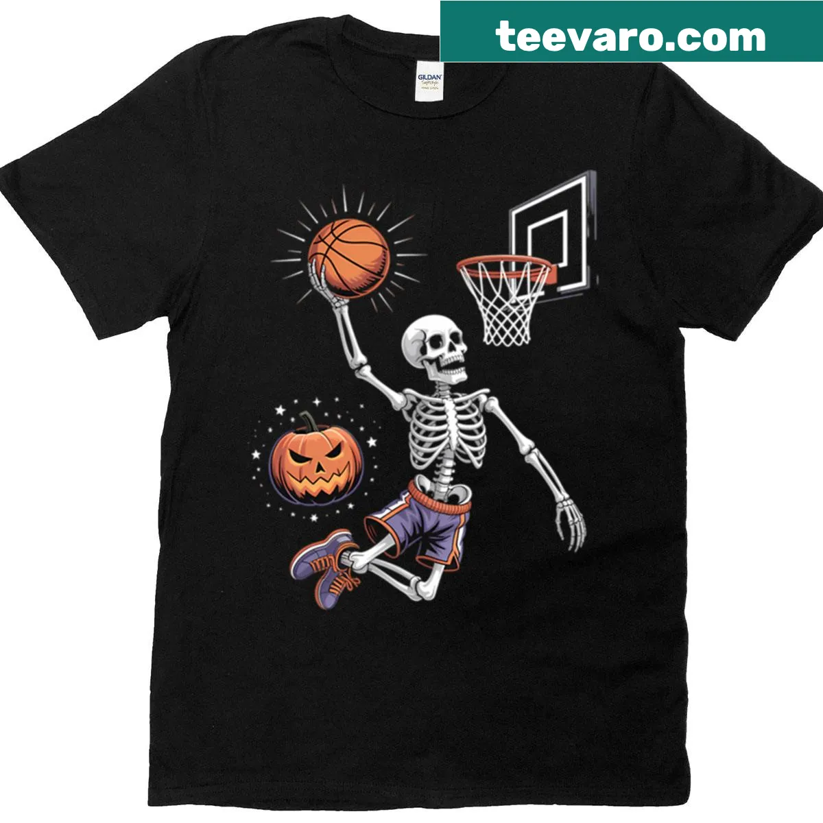 Cartoon skeleton basketball player for Halloween T-shirt — on a men's t-shirt
