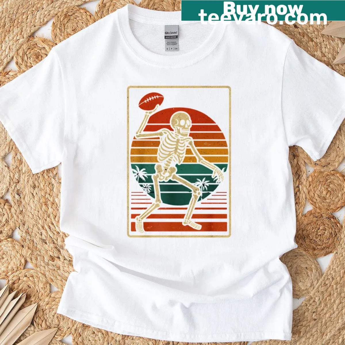Skeleton football player graphic t-shirt for Halloween with humorous design — on a men's t-shirt