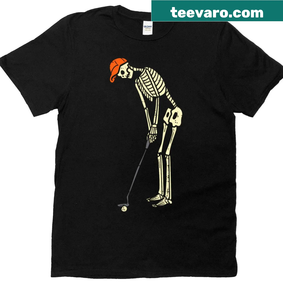 Cartoon skeleton golfing design ideal for Halloween golf enthusiasts — on a men's t-shirt