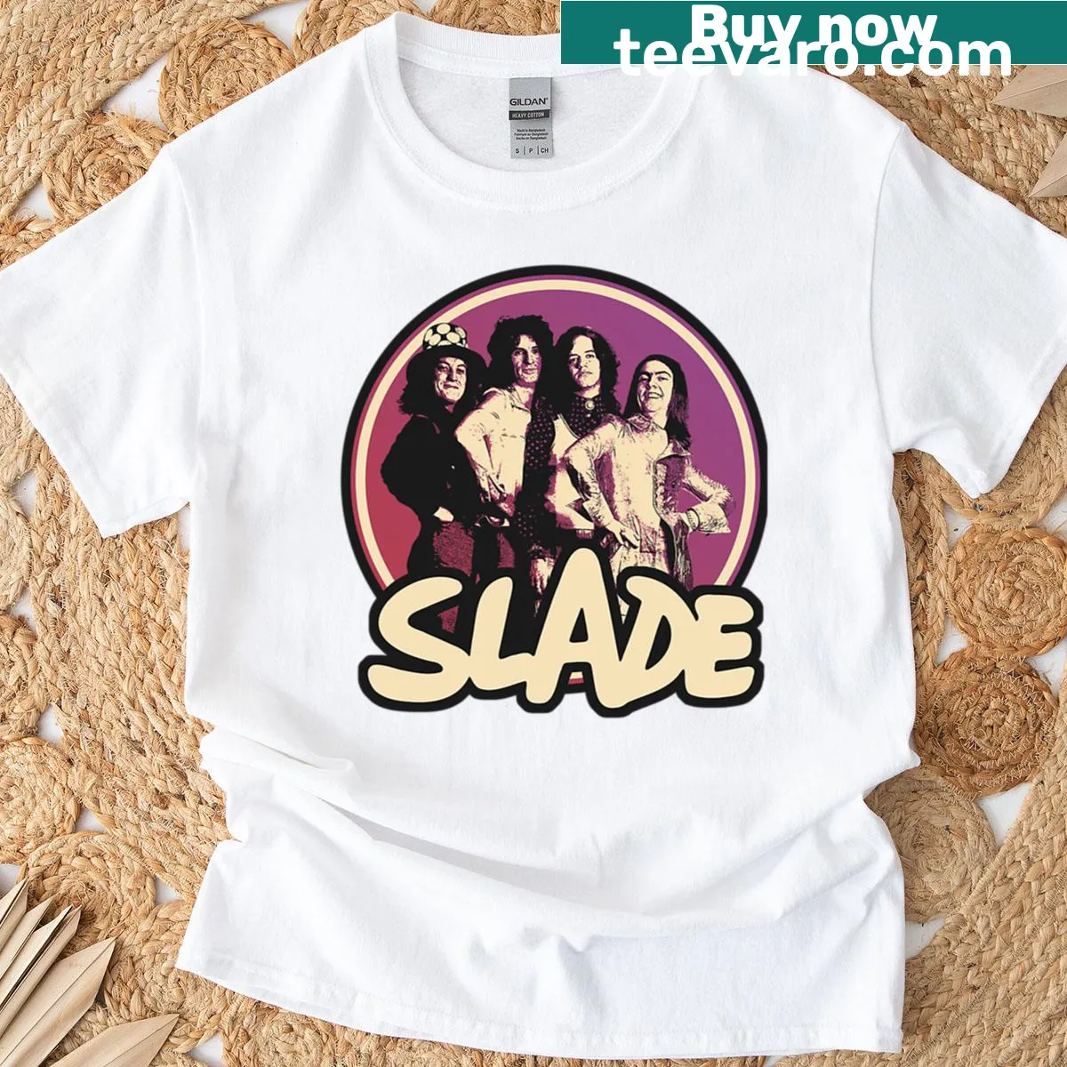 Retro Slade Band t-shirt representing glam rock culture — on a men's t-shirt
