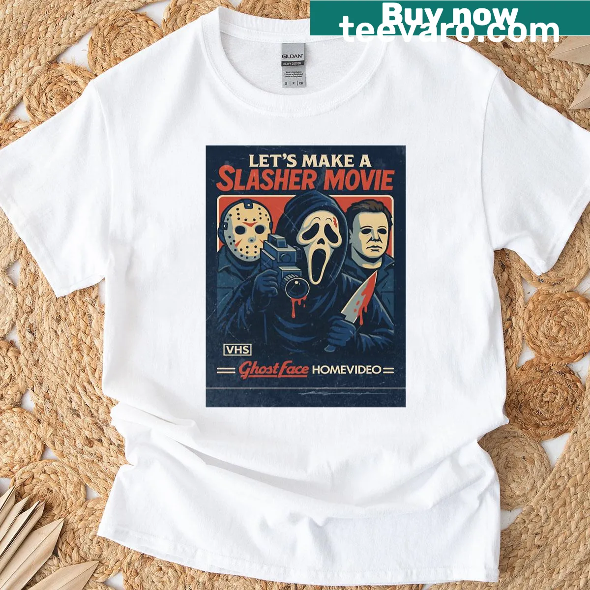 Graphic featuring Ghostface, Jason, and Michael from slasher films on a T-shirt. — on a men's t-shirt