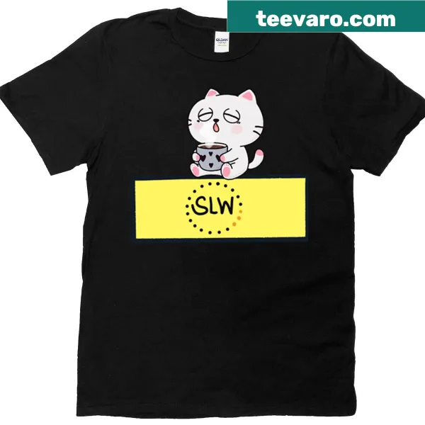 Cartoon of a sleepy cat with a coffee cup on a humorous T-shirt