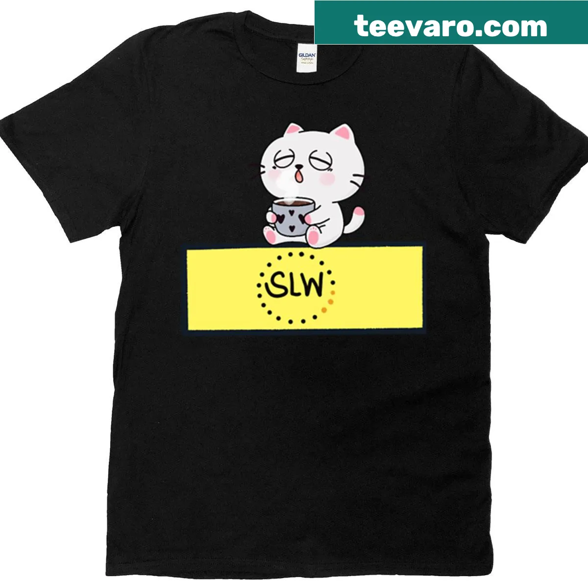Cartoon of a sleepy cat with a coffee cup on a humorous T-shirt — on a men's t-shirt
